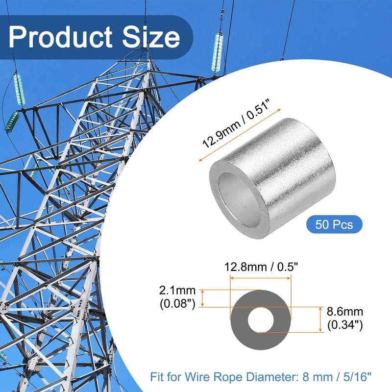 sourcing map Aluminum Wire Rope Stop Sleeve 5/16"(8mm) Crimping Loop