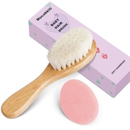Baby Hair Brush and Pink Cradle Cap Brush Set for Newborns and Toddlers, Wooden Baby Hair Brush Set with Soft Goat Bristle, Baby Hair Care Kit (2PCS)