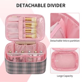OCHEAL Makeup Bag for Women - Travel Cosmetic Organizer with Brush Slot & Divider, Large Capacity Toiletry Bag for Girls, Travel Makeup Case for everyday Make up Accessories -Pink Plaid