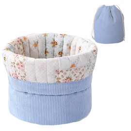 AMZMA Drawstring Makeup Bag Large Cotton Quilted Cosmetic Bag Portable Make Up Organizer Bag for Skin Care & Toiletries, Flower patchwork-blue