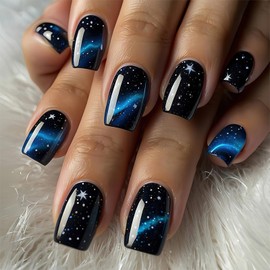 FNKFNK Starry Sky Press on Nails Medium Square Fake Nails with Blue Ombre Line Stripes Designs Glossy Black False Nails Reusable Glitter White Star Full Cover Artificial Stick on Nails for Women 24Pcs