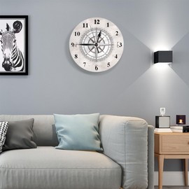 Orythyra Vintage Compass Wall Clock Round 10 Inch Battery Operated Map Travel Equipment Wind Rose Arrow Frameless Silent Wooden Clocks Art Wall Decor for Living Room Classroom Bedroom Office