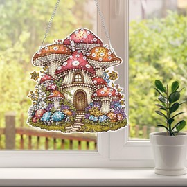 HEIBAGO Mushroom House Hanging Diamond Art Kits for Adults, Fall Special Shaped Crystal Diamond Painting Ornament Kit, DIY Double-Sided Pattern Gem Art Kit for Home Wall Decor 8.3x8.3inch