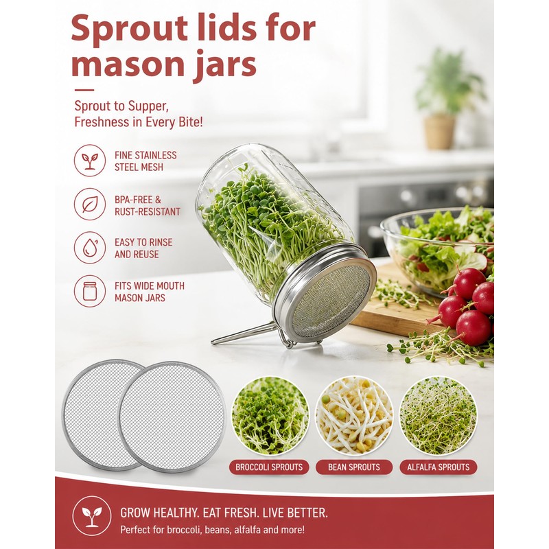 2Pack Sprouting Lids for Wide Mouth Mason Jars, Stainless Steel