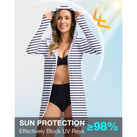 Soothfeel Women's UPF 50+ Swim Cover Up Sun Protection Hoodie SPF Lightweight Jacket Long Sleeve Beach Cover Ups for Women (Navy_Stripe,L)