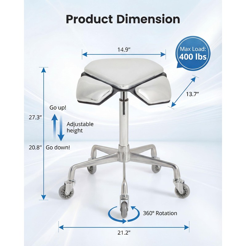 Saddle Stool Chair with Ultra-Quiet Wheels, Rolling Salon Stool
