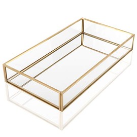 HighFree Gold Vintage Decorative Mirror Tray Jewelry Tray Serving Tray Vanity Tray Cosmetics, Makeup, Trinket Organizer for Dresser, Bathroom and Bedroom (10.2X 5.5x1.6)