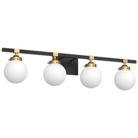 Tipace 4 Lights Mid Century Modern Bathroom Vanity Light Fixtures Over Mirror,Black/Golden Vanity Lights with Milk White Glass Globe for Bathroom(Exclude Bulb)