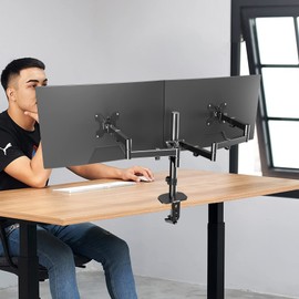 Pholiten Dual Monitor Stand for 13-32inch Screen,Extra Long Monitor Arm Desk Mount,Fully Adjustable 27.95 inch Monitor Arm,Each Arm up to 22lbs