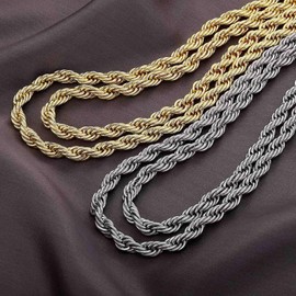 Xikui 18k Real Gold Plated Rope Chain, 6mm 8mm Stainless Steel Twist Chain Necklace, Father's Day Gifts for Men Women 18-24 Inches (Silver 8mm, 24inch)