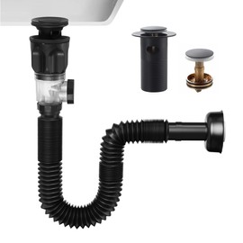 Bathroom Sink P trap with Overflow Drain - TSIBOMU Flexible Sink Drain Pipe for Basin drain replacement,Fits 1-1/4",1-1/2"and 2" Holes,Matte Black