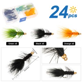 24 Pieces Woolly Bugger Streamer Fly Fishing Flies Nymph Trout Fly Assortment Streamer Assortment Trout Fishing Flies with Fly Box (Green, Black, Orange)