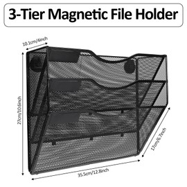 MAQUITA 3-Tier Magnetic File Holder - No Drilling Installation File Organizer, Large Capacity Magnetic File Holder for Refrigerator, File Cabinets, Whiteboard, Office, Kitchen