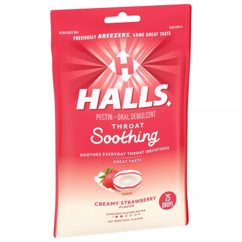 HALLS Throat Soothing (HALLS Breezers) Creamy Strawberry Throat Drops, 25