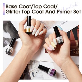 ROSALIND Base Coat Top Coat UV Nagellack Set,Base Coat und Top Coat und Primer und Glitter Top Coat,Shellac Soak-Off UV/LED Nagellack Gel Unterlack und Überlack Set