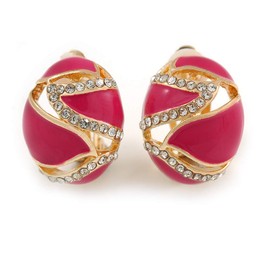 Oval Magenta Pink Enamel Clear Crystal Clip On Earrings In Gold Tone/20mm L