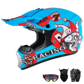 SPARK DOT Youth Motocross Helmet Kids Dirt Bike Helmets - Full Face, Lightweight & Breathable for Off-Road E-Bike BMX MX ATV (with Gloves Goggles Mask) 4Pcs Set, Large (59-60cm), Joker Blue