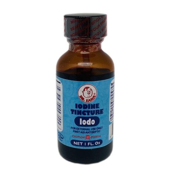 Dr Sana Iodine Tincture. First Aid Antiseptic. Prevents Infection in Minor Scrapes, Cuts, Bruises and Burns. 1 fl.oz.