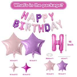 FunHot Happy Birthday Balloons, Pink Purple Happy Birthday Banner Balloons, 16 Inch Mylar Foil Letter Balloons with 8 Pcs Purple Pink Star Balloons for Women Girls Happy Birthday Party Decorations