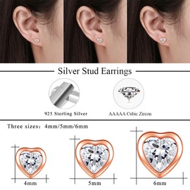 Josfeva Earrings 925 Silver Stud Earrings, 3 Pairs 925 Sterling Silver Stud Earrings Set for Women Girls, Heart Round Star Cubic Zirconia Stud Earrings, 4/5/6 mm Sleeping Cartilage Stud Earrings with