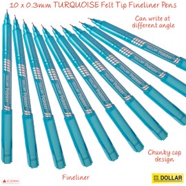 DOLLAR Fineliner Pens, TURQUOISE, 0.3mm Ultra Fine Felt Tip, Pack of 10, Precise Writing, Write Draw Sketch Colour Mark Fine Line Pens