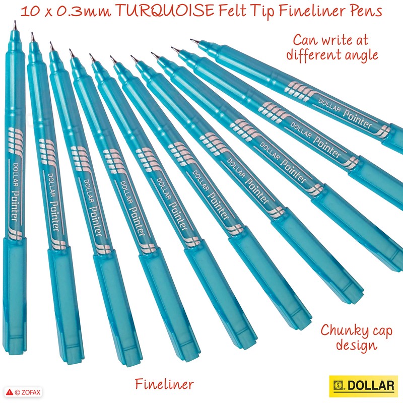 DOLLAR Fineliner Pens, TURQUOISE, 0.3mm Ultra Fine Felt Tip, Pack