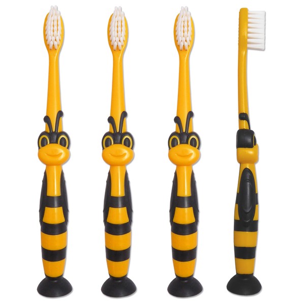 4 Childrens Toothbrushes Bumblebee ~ Manual Bee Brushes Sucker Base for Kids 3 Years+
