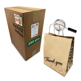 TEEK EJ2 Thank You Printed Brown Kraft Paper Bags - 10x7x12 Inches, 250 Pcs - With Reinforced Twisted Handles – Premium Shopping Paper Bags for Small Business, Grocery, Gift bags