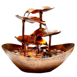 Resin Bronze Lotus Leaf Tabletop 4-Tier Fountain with Waterfall for Home Decoration
