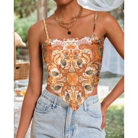 Women's Boho Paisley Print Satin Bandana Top Hanky Hem Tie Back Adjustable Spaghetti Strap Cami Tube Tops