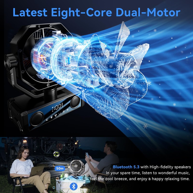 Portable fan rechargeable with 5.3 Bluetooth Speaker, 25000mAh Camping Fan
