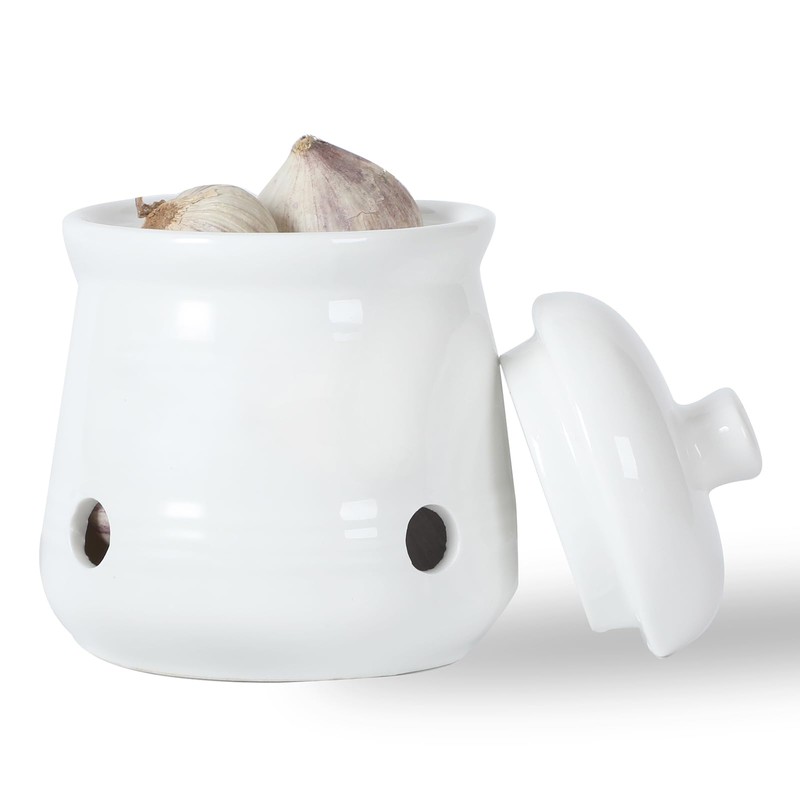 HAOTOP Ceramic Garlic Keeper with Lid, Mini Garlic Saver Container