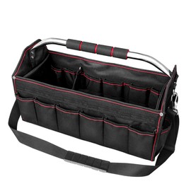 HAUTMEC Pro Foldable Open Top Tote Bag, 18-Inch 27 Pocket Tool Bag, Removable Shoulder Strap, Wide Mouth Heavy Duty Electrician Tool Bin for Tool Organization and Storage HT0020-TB