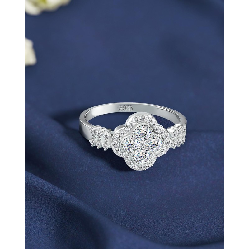 RoseShadow Sterling Silver Moissanite Clover Rings for Women Lucky Rings