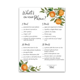 A Little Cutie Theme — WHAT'S ON YOUR PHONE Baby Shower Game — Pack of 25 — Citrus Orange Baby Shower Games, Boho Gender Neutral Cutie Shower Activity, Couples Shower Co-ed Shower Coed G350-PHN