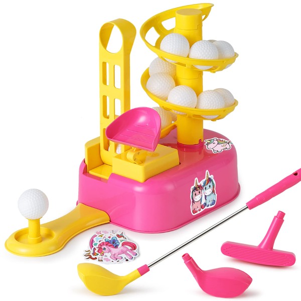 iPlay, iLearn Girl Golf Toys Set for 3 4 Year Olds, Toddler Outdoor Sport Gift, Kids Pink Outside Playset W/Left Right Club Head 15 Balls Unicorn Sticker, Active Birthday Gifts for Age 5 6 7 8 Child