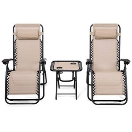 S AFSTAR Folding Zero Gravity Lounge Chair Set, 3 PCS Outdoor Recliners w/Removable Headrest and Portable Table for Balcony Patio Poolside (Beige)