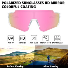 STORYCOAST Polarized Sports Sunglasses for Men Women,Driving Fishing Cycling Mountain Bike Sunglasses UV400 Protection Clear Frame-Pink Mirror Lens