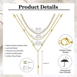 Kakonia Layered Necklaces for Women,14K Gold Plated/Silver Stacked Necklaces for Women,Dainty Pearl Paper Clip Chain Pendant Choker Necklace Set CZ Stackable Necklaces Trendy Y Necklace-Gold Pearl