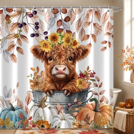 Moonslim Fall Highland Cow Pumpkin Shower Curtain, Autumn Maple Leaves Floral Harvest Thanksgiving Bath Curtain for Bathroom Decor Washable Fabric Cloth Waterproof with 12 Hooks, 72x72 Inch