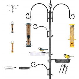 Deluxe Bird Feeding Station with 2 Bird Feeders Included for Outside - Multi Feeder Pole Stand Kit with 4 Hangers, Bird Bath and 5 Prong Base for Attracting Wild Birds - 22 Inch Wide x 92 Inch