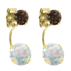Gem Stone King 1.82 Ct Round Cabochon White Simulated Opal Brown Smoky Quartz 14K Yellow Gold Earrings