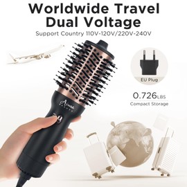 Aima Beauty 4 in 1 Worldwide Travel Hot Air Brush Dual Voltage Blowout Brush Oval Shape 110-120V/220-240V Straightener Blow Dryer Brush Negative Ionic Lock Moisture Gift 360° Swivel Cord Black