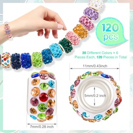 Junkin 120 Pieces Large Hole Rhinestone European Spacer Beads for Pens Jewelry Making Bulk 11mm Crystal Charm Beads for Pen Jewelry Making Supplies DIY Crafts Bracelet Beadable Items(Multicolor)