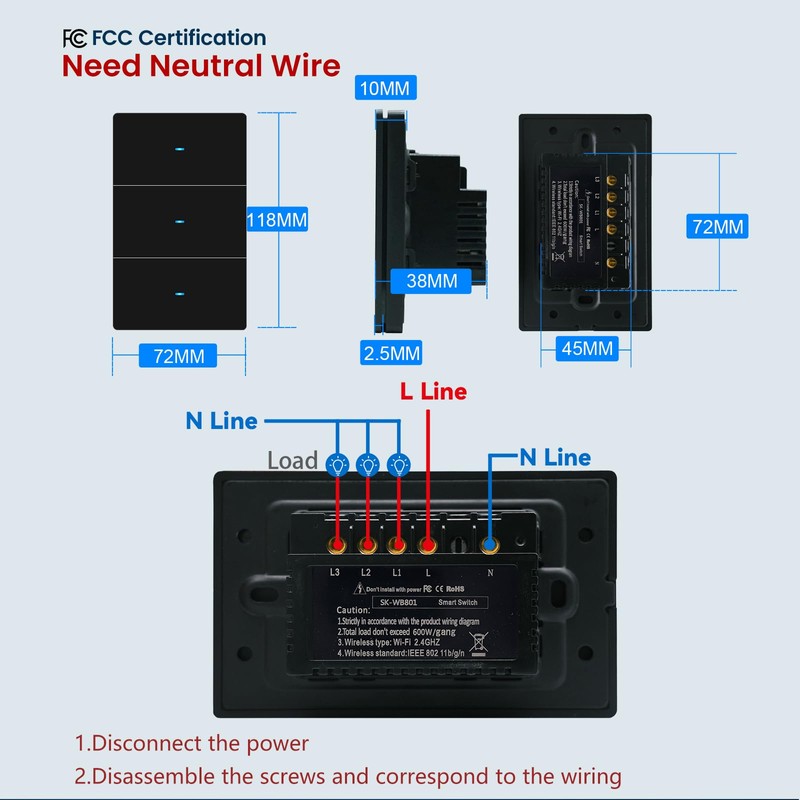 LOUYSGEN Smart Light Switch Need Neutral Wire,FCC Certified,2.4GHz WiFi Push