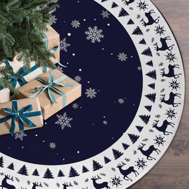 Christmas Tree Skirt 30 inches,Blue Christmas Rustic Tree Skirt Mat with Elk Deer and White Snowflake Printed for Holiday Party Xmas Tree Decoration (Blue, 30in)