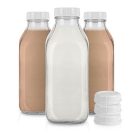Stock Your Home Liter Glass Milk Bottle with Lid (3 Pack) 32 Oz Jugs and 6 White Caps, Reusable Food Grade Milk Container for Refrigerator, Bottles for Juice, Oat or Plant Milks, Water, Honey