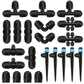 Kcropp 22 Pack Drip Irrigation Fittings Kit for 1/2 Inch Drip Tubing(1/2" ID x 0.65" OD), Anti-Drop Barbed 1/2'' Drip Line Connectors Include 3 Tees 3 Valves 2 Elbows 4 Plugs 5 Reducers 5 Emitters