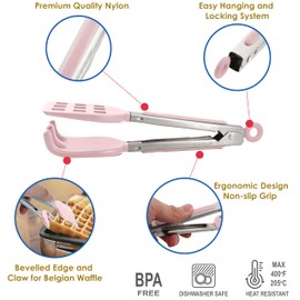 Mini Waffle Tongs by StarBlue Pink – 8 Inches Silicone and Nylon Serving Tongs with Non-Slip Smooth Handles, Non-Scratch and Dishwasher Safe, Multipurpose Spatula for Belgian Waffle Serving