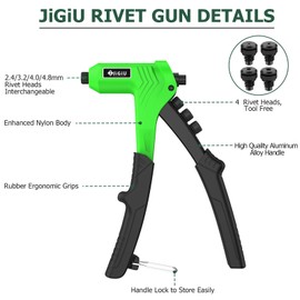 JiGiU Rivet Gun with 200PCs Rivets One-Handed Pop Rivet Gun Set Professional Hand Riveter Manual Riveting Tool 4 Tool-free Interchangeable Nosepieces Effortless Handle Design for Plastic Metal Leather